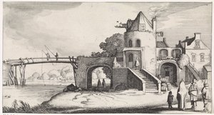 Tullhus med träbro över floden Playsante landskap och roliga ansikten (serietitel) av Jan van de Velde (II)