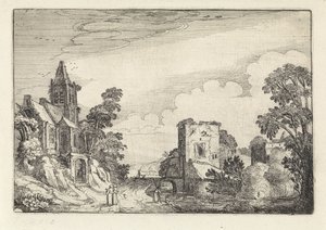 Torn och en kyrka i ett landskap Amenissimae aliquot requculae (serietitel) Landskap (serietitel) av Jan van de Velde (II)