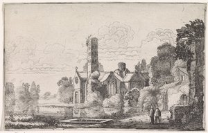 Två munkar vid ett kloster i ett flodlandskap Flodlandskap (serietitel) av Jan van de Velde (II)