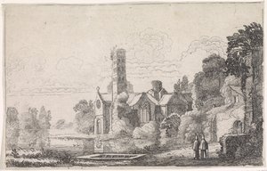 Två munkar vid ett kloster i ett flodlandskap Flodlandskap (serietitel) av Jan van de Velde (II)