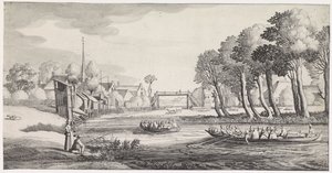 Två roddbåtar på en flod nära en by Playsante landskap och roliga ansikten (serietitel) av Jan van de Velde (II)
