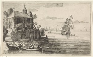 Tvåmästare vid en kust med kapell Seascapes (serietitel) av Jan van de Velde (II)