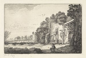 Kvinna med barn vid en ruin av ett hus Landskap (serietitel) Amenissimae aliquot requculae (serietitel) av Jan van de Velde (II)