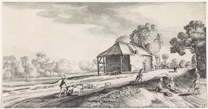 Väggaffel vid en vattenkvarn Playsante landskap och roliga ansikten (serietitel) av Jan van de Velde (II)