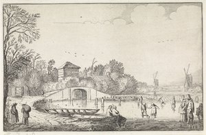 Vinterlandskap med skridskoåkare vid en bro Landskap (serietitel) Amenissimae aliquot requculae (serietitel) av Jan van de Velde (II)