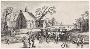 Vinterlandskap med skridskoåkare nära en by Lekfulla landskap och underhållande ansikten (serietitel) av Jan van de Velde (II)