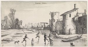 Vinterlandskap med skridskoåkare vid en stadsmur Trevliga landskap och underhållande sevärdheter (serietitel) av Jan van de Velde (II)