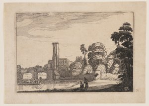 Färja framför en stenbro av Jan van de Velde II