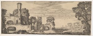 Flodlandskap med ruiner av ett slott från Landscapes and Ruins, ca. 1615.