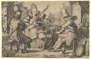 Två elegant klädda män och en kvinna i en trädgård, 1613-41.