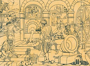 Kanongjuteri, teckning från Nova Reperta av Jan van der (1523 1605) Straet