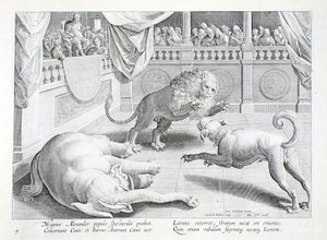 Alexander den store sätter upp ett skådespel, ett lejon, en hund och en elefant kamp, illustration från 
