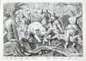 Elefanter gör ett stort oväsen när de träffas av jägares spjut, illustration från 