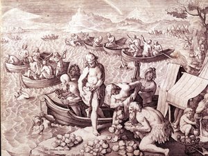 Ostronfiske. 1600-talet. Gravyr av Giovanni Stradano (Jan Van Der Straet) (Johannes Stradanus) (1523-1605). av Jan van der Straet