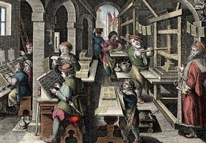 Tryckeri, c1600 - Holland, Tryckning: till vänster använder tecknen tecken, de olika stadierna i förberedelsen av tryckningen övervakas av en mästertryckare - Gravyr från "Nova Reperta" av Giovanni Stradano (Jan Van Der Straet) (Johanne)