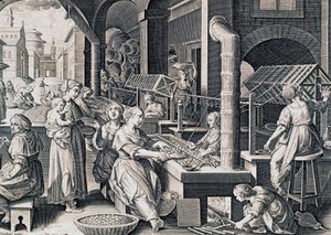 Vermis sericus, kvinnor som spinner silke och eldar silkesmaskar, gravyr av Stradanus (1523-1605), Italien av Jan van der Straet