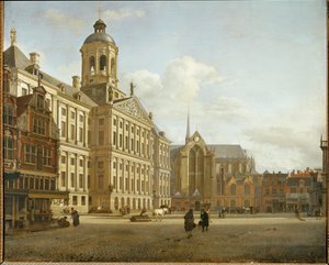 Dam Street och det nya stadshuset i Amsterdam, Nederländerna ... av Jan van der (manner of) Heyden