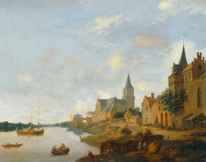 Rhen vid Emmerich med St Martins kyrka ... av Jan van der (manner of) Heyden
