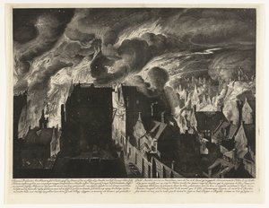 Släckning av den kraftiga branden på Elandsgracht, 1679 Swaaren brinner, till Amsterdam, mellan d