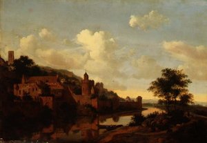 En befäst stad ovanför en flod (panel)
