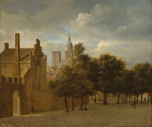 En stadsbild med människor som promenerar, en kyrka bortom av Jan van der Heyden