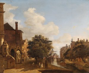 Arkitektonisk fantasi, med det gamla rådhuset, Amsterdam c.1667-72 (olja på ekpanel) av Jan van der Heyden