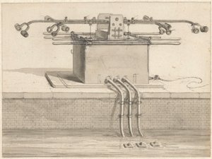 Dubbel sugpump framför brandslangen av Jan van der Heyden