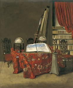 Holländska: Interiör av ett arbetsrum med en öppen atlas och två glober Hörn av ett bibliotek av Jan van der Heyden