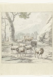 Landskap med en fårflock nära ett träd av Jan van der Meer (II)