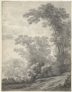 Berglandskap med träd nära en flod av Jan van der Meer (II)