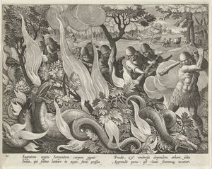 Fånga ormar i Indien med klubbor och facklor för att tända undervegetationen, pub. 1640 gravyr. av Jan van der Straet