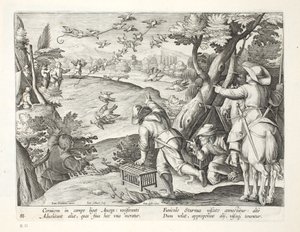 Fowlers som fångar kråkor, illustration från "Venationes, Ferarum, Avium, Piscium" (av jakt: vilda djur, fåglar, fiskar), graverad av Jan Collaert (1566-1628), pub. av Phillipus Gallaeus, Amsterdam (eng av Jan van der Straet
