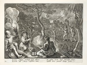 Fowlers som fångar fåglar på natten, illustration från "Venationes, Ferarum, Avium, Piscium" (av jakt: vilda djur, fåglar, fiskar), graverad av Jan Collaert (1566-1628), pub. av Phillipus Gallaeus, Amste av Jan van der Straet