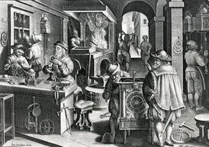Horologia Ferrea, platta 5 från "Nova Reperta", graverad av Philip Galle, ca 1580-1605