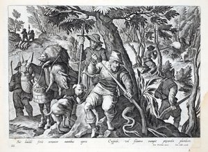 Jägare använder spjut eller gevär laddade med bly för att jaga bergssvin, illustration från 