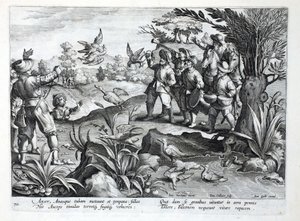 Jägare som använder falkar för att jaga gäss, illustration från "Venationes, Ferarum, Avium, Piscium" (av jakt: vilda djur, fåglar, fiskar), graverad av Jan Collaert (1566-1628), pub. av Phillipus Gallaeus, A av Jan van der Straet