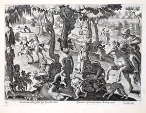Jakt på apor på landsbygden, illustration från "Venationes, Ferarum, Avium, Piscium" (Om jakt: vilda djur, fåglar, fisk), graverad av Jan Collaert (1566-1628), utgiven av Phillipus Gallaeus, Am av Jan van der Straet