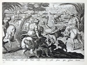 Morerna på hästryggen på jakt efter strutsar, platta 62, illustration från "Venationes, Ferarum, Avium, Piscium" (Om jakt: vilda djur, fåglar, fiskar), graverad av Jan Collaert (1566-1628), utgiven av Phillipus.