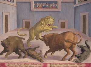 Adelsmän ser Combat of Wild Beasts in an Indoor Circus, skylt 12 från 