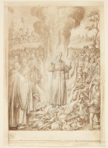 Historien om S. Giovanni Alberti Fiorentino. Abbot Petrus bevisar med eld att biskopen av Florens är en kättare och en Simonist av Jan van der Straet