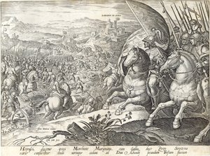 Slaget vid Labadia si Sena och S:t Abonda, tavla 3 från "The History of the Medici", graverad av Philip Galle (1537-1612), ca 1583 av Jan van der Straet