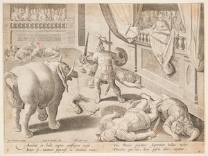 En romersk soldat som slåss mot en av Hannibals elefanter, pl. 7 i serien Game, Birds and Fish