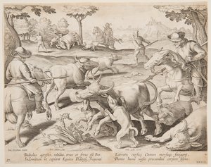 Buffalo Hunt, tallrik 27 i Hunts of Game, Birds and Fish-serien av Jan van der Straet, called Stradanus