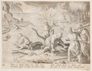 Krokodiljakt i Tentyra, i Egypten, tallrik 30 från serien Hunts of Wild Animals, Birds and Fish av Jan van der Straet, called Stradanus
