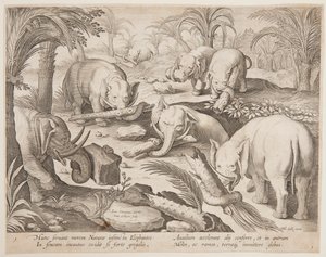 Elefanter som håller varandra ur en fälla, tallrik 1 från serien Game of Animals, Birds and Fish av Jan van der Straet, called Stradanus