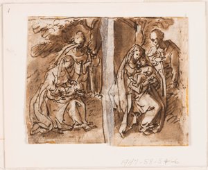 Halvsida av en skissbok; Jungfru och barn och en tredje figur av Jan van der Straet, called Stradanus