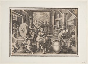 Oleum Olivarum (The Production of Olive Oil), tallrik 12 i Nova Reperta (New Inventions of Modern Times)