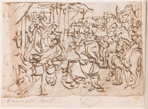 Sida i en skissbok; Tillbedjan av Magi; St. Christopher och Kristusbarn av Jan van der Straet, called Stradanus