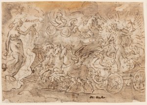 Sida i en skissbok; Apollo och Aurora av Jan van der Straet, called Stradanus