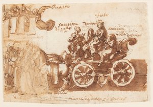 Sida i en skissbok; Vagn och tre hästar av Jan van der Straet, called Stradanus